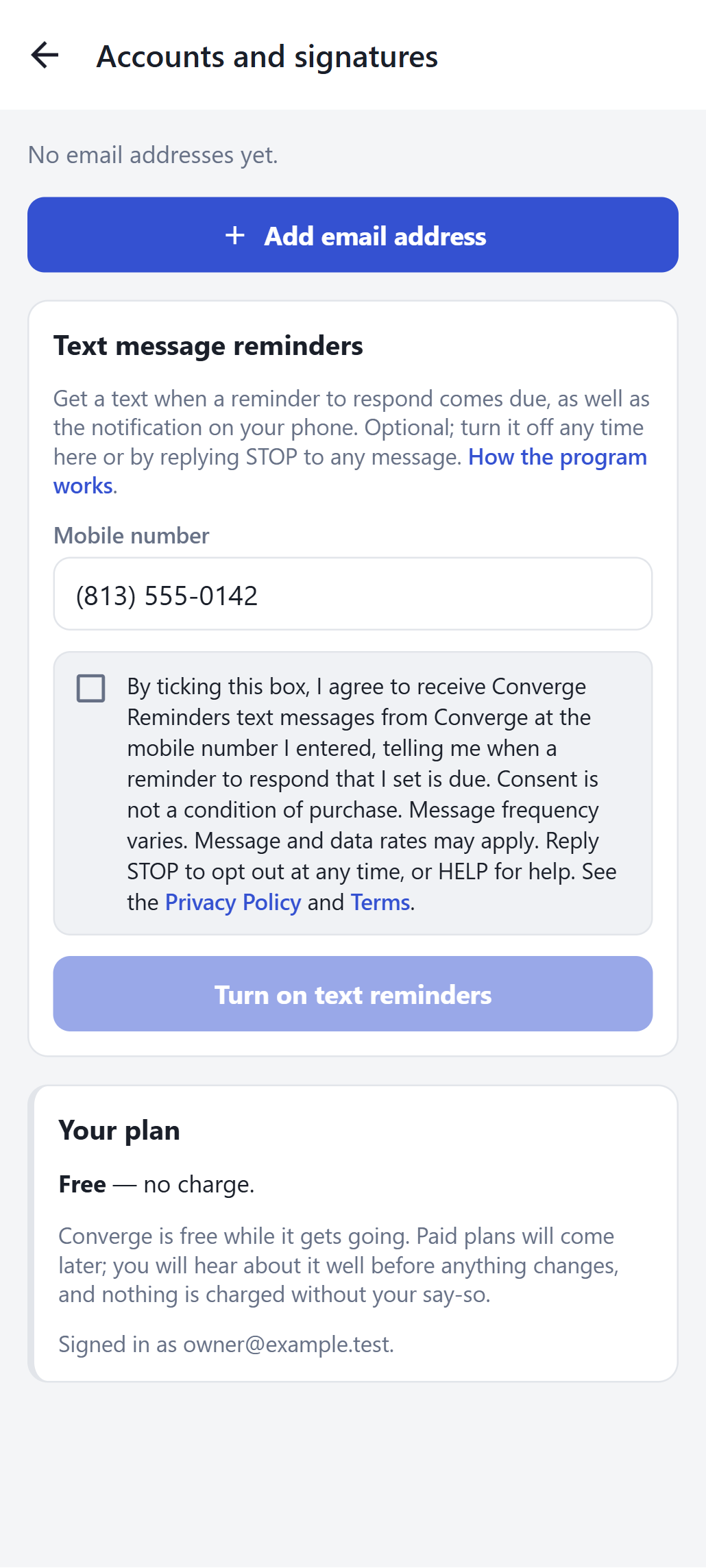 The same opt-in form in the Converge phone app
