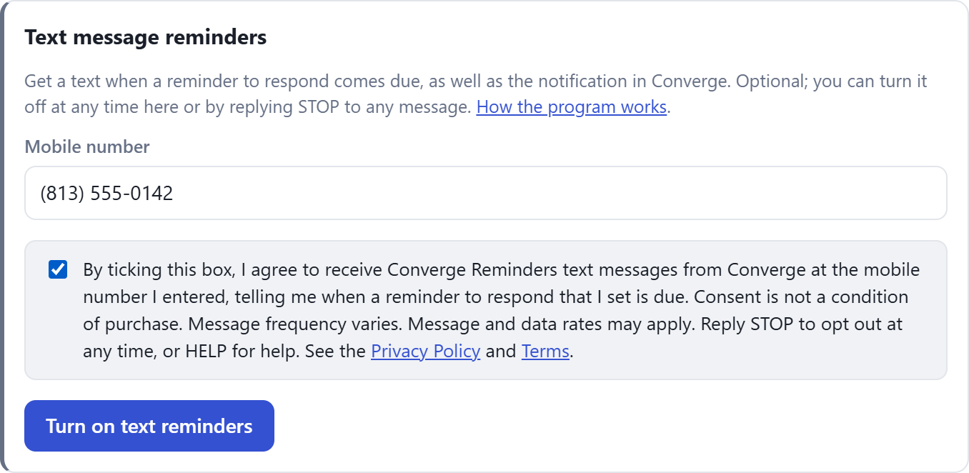 The same section after the box is ticked; the Turn on text reminders button is now enabled