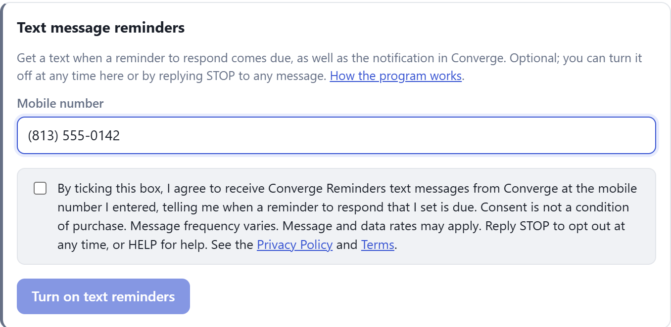 The Text message reminders section of Converge Settings on the web: a mobile number field, an unticked consent box with the full disclosure, and a disabled Turn on text reminders button